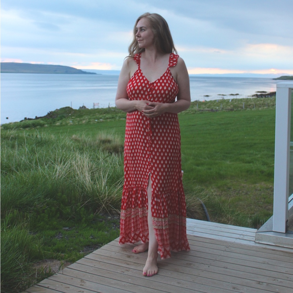 Bamboo Blonde Red Boho Strappy Ruffled Button Front Maxi Dress